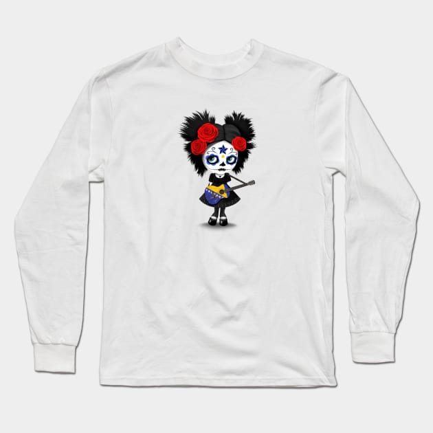 Sugar Skull Girl Playing Bosnian Flag Guitar Long Sleeve T-Shirt by jeffbartels